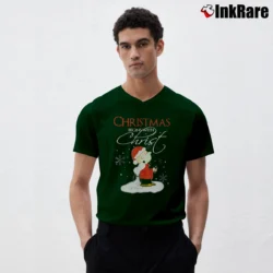 Men’s Snoopy Christmas Begins With Christ Peanuts V-Neck Tee in forest green | Sharp, Breathable, Everyday Staple