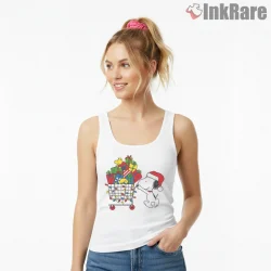 Snoopy Christmas Preparations Gift Cart Shirt on white tank top for women graphic tee