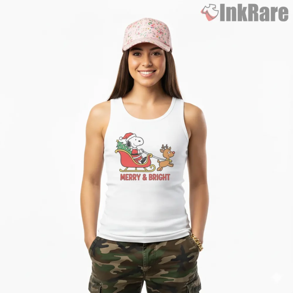 Snoopy Christmas Tour Merry And Bright Shirt on white tank top for women graphic tee