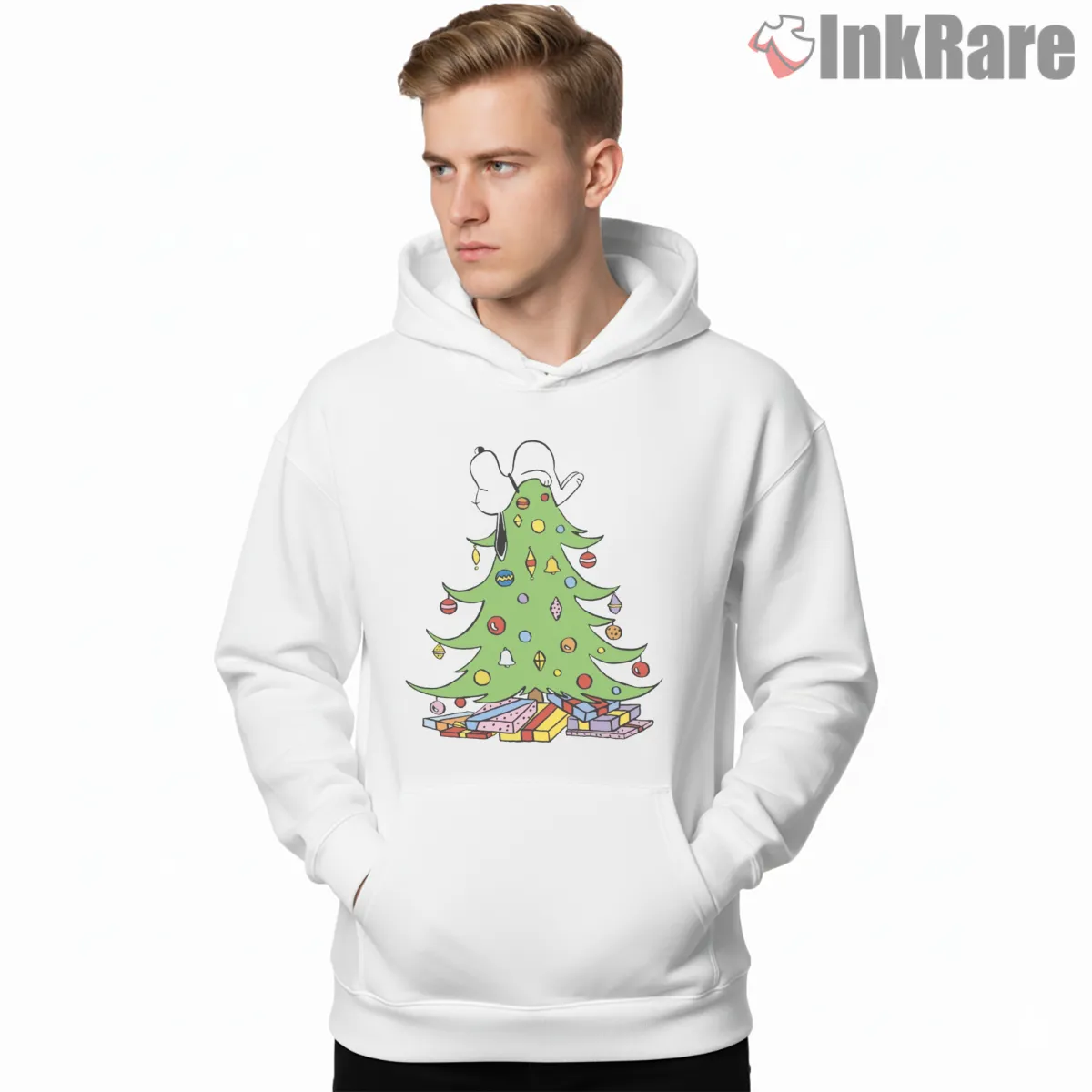 Snoopy Christmas Tree Surprise Holiday Hoodie White Snoopy Christmas Tree Surprise Holiday Shirt on white hoodie for men graphic tee