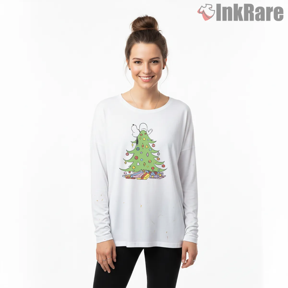 Snoopy Christmas Tree Surprise Holiday Long Sleeve White Snoopy Christmas Tree Surprise Holiday Shirt on white long sleeve shirt for women graphic tee