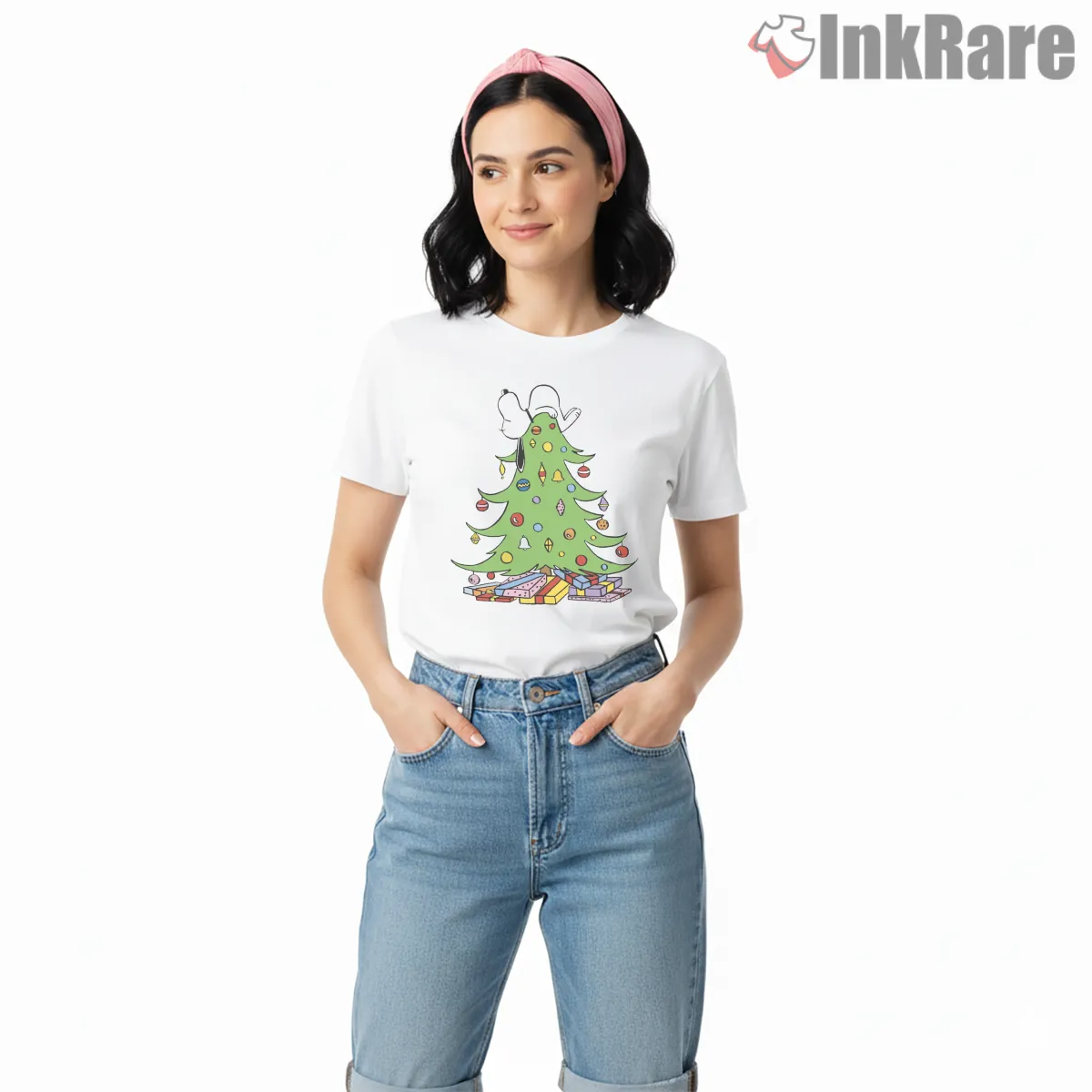 Snoopy Christmas Tree Surprise Holiday Short Sleeve White Snoopy Christmas Tree Surprise Holiday Shirt on white short sleeve shirt for women graphic tee