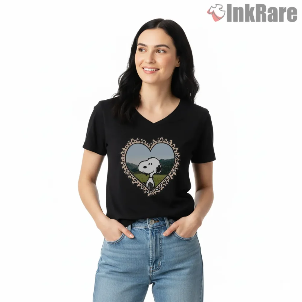 Snoopy Classic Heart Frame Portrait Shirt on black v-neck shirt for women graphic tee