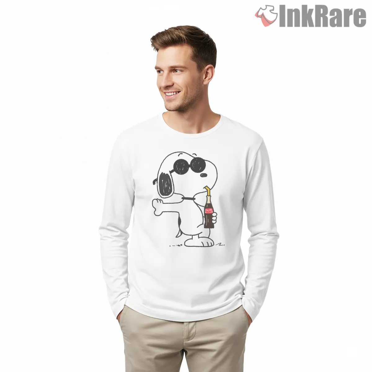 Snoopy Cola Bottle Cool Pose Long Sleeve White Snoopy Cola Bottle Cool Pose Shirt on white long sleeve shirt for men graphic tee