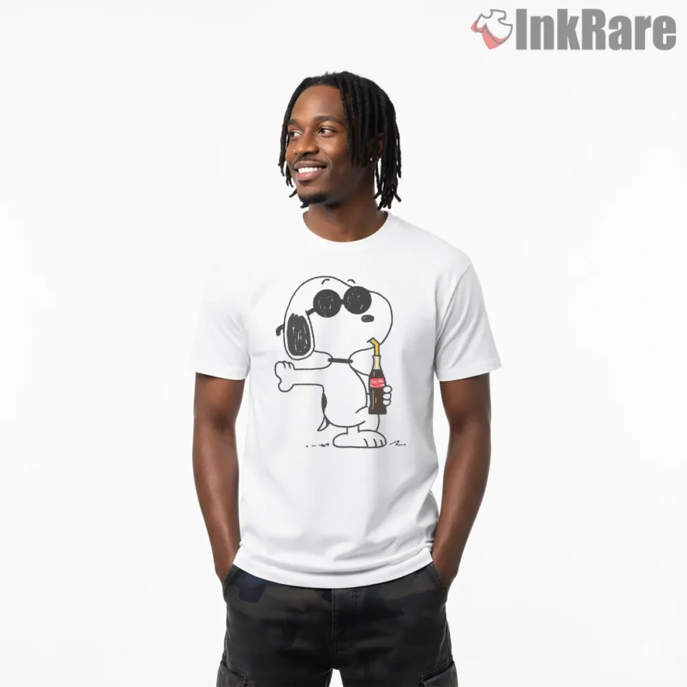 Snoopy Cola Bottle Cool Pose Shirt on white short sleeve shirt for men graphic tee