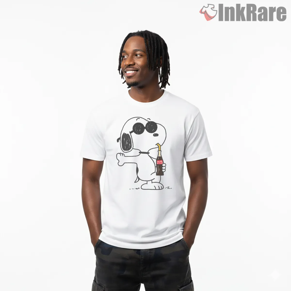 Snoopy Cola Bottle Cool Pose Short Sleeve White Snoopy Cola Bottle Cool Pose Shirt on white short sleeve shirt for men graphic tee