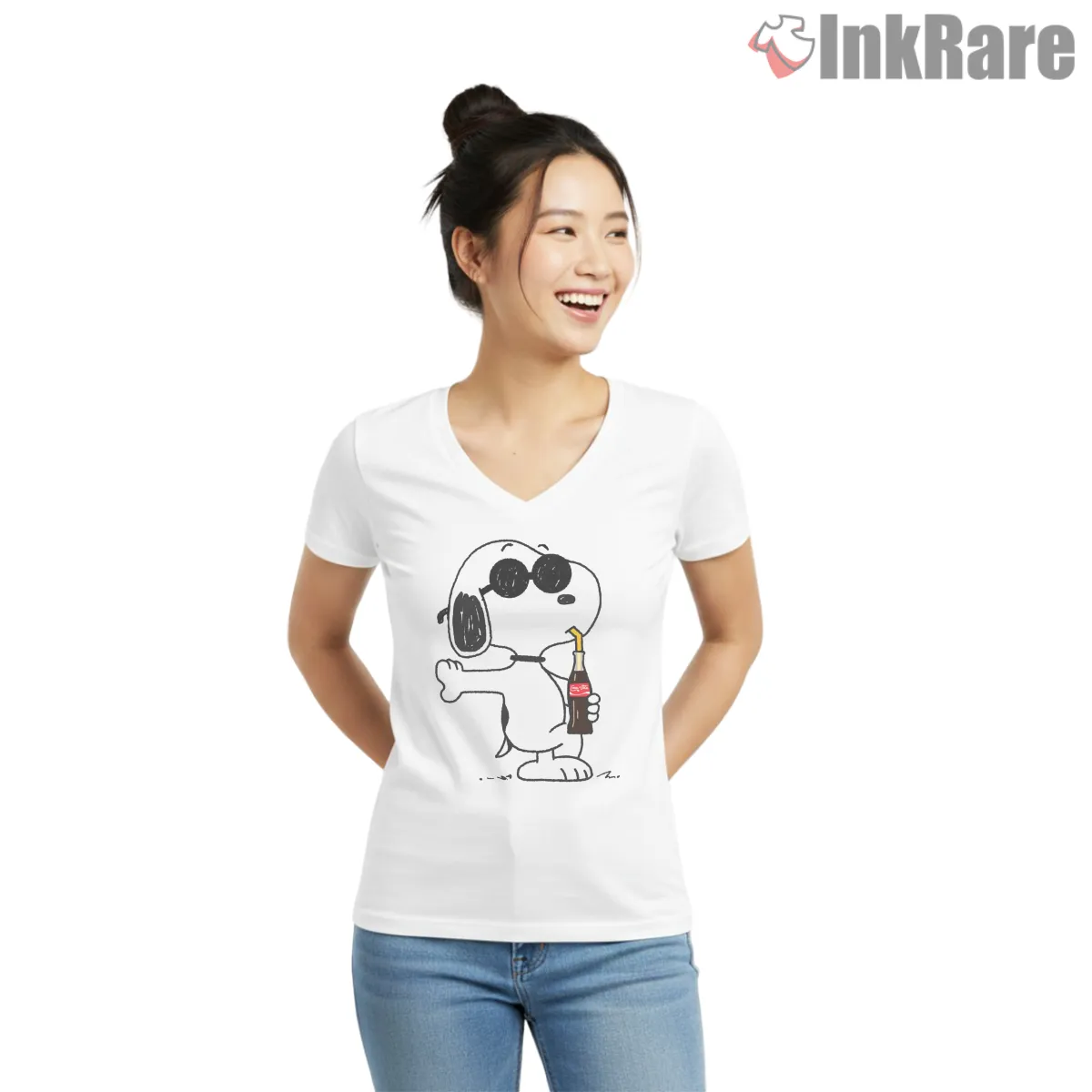 Snoopy Cola Bottle Cool Pose V Neck White Snoopy Cola Bottle Cool Pose Shirt on white v-neck shirt for women graphic tee