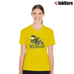 Women’s Snoopy College Football Rose Bowl Michigan 2024 Classic V-Neck Tee in yellow | Chic Neckline, Soft Texture