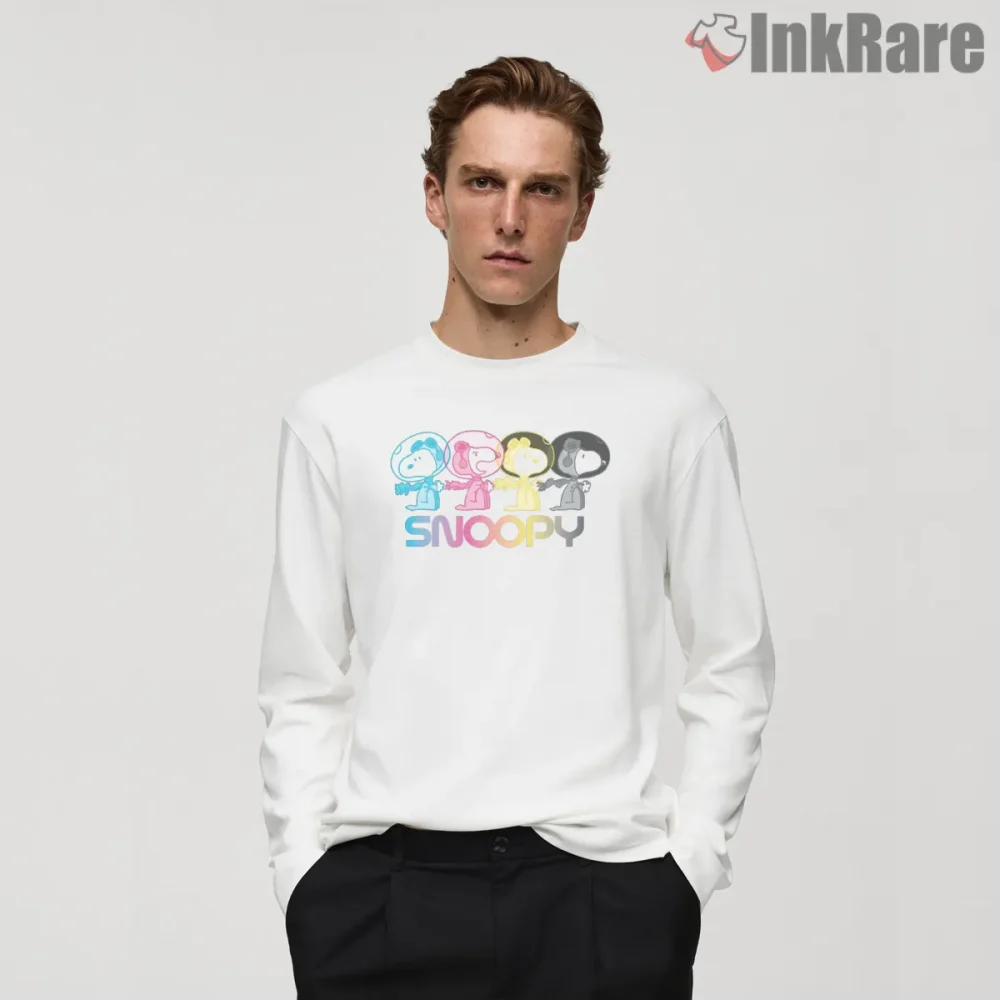 Snoopy Cosmic Friends Retro Space Shirt on white long sleeve shirt for men graphic tee