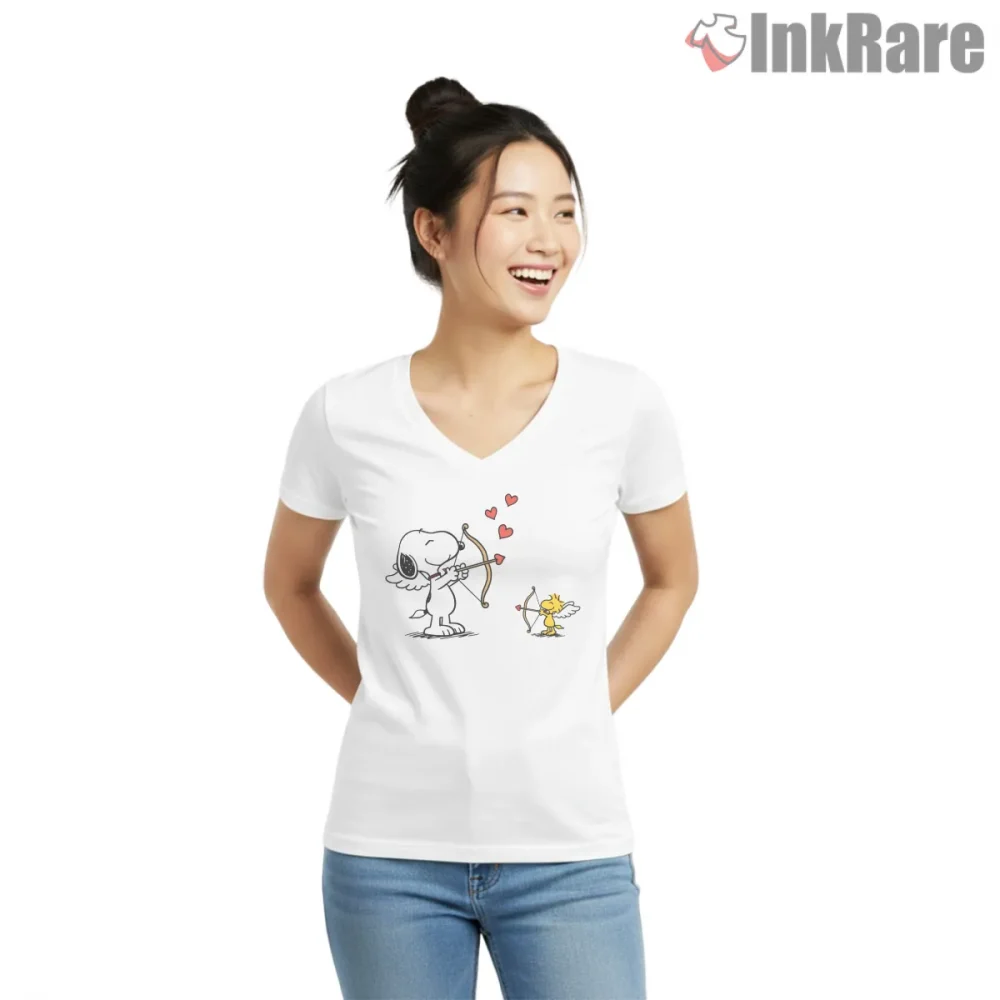 Snoopy Cupid And Woodstock Valentine Archer Shirt on white v-neck shirt for women graphic tee