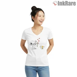 Snoopy Cupid And Woodstock Valentine Archer Shirt on white v-neck shirt for women graphic tee