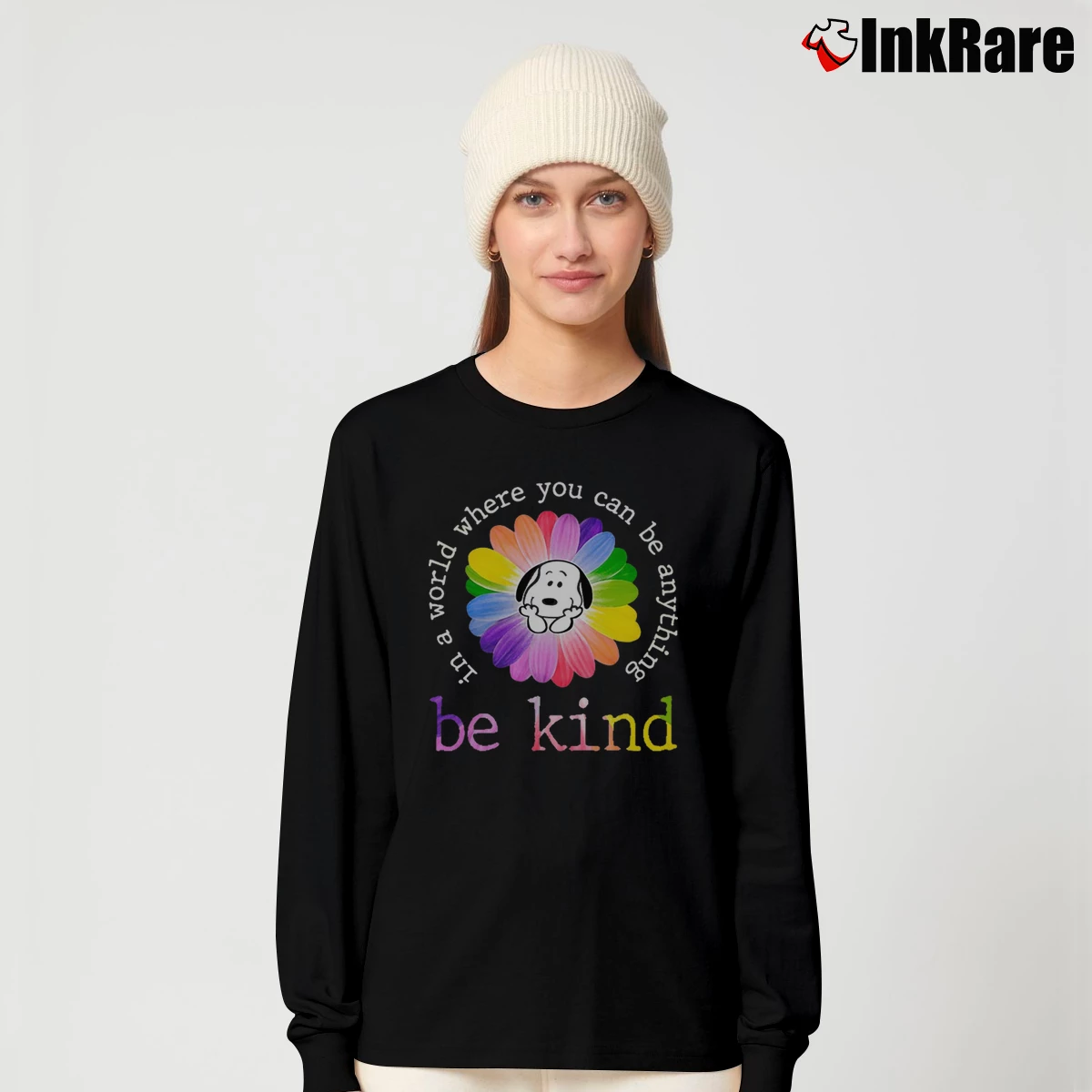 Snoopy Daisy In A World Where You Can Be Anything Be Kind Women’s Long-Sleeve Top in black – Effortless Layer Women’s Snoopy Daisy In A World Where You Can Be Anything Be Kind Long-Sleeve Top in black | Sleek, Versatile, All-Season