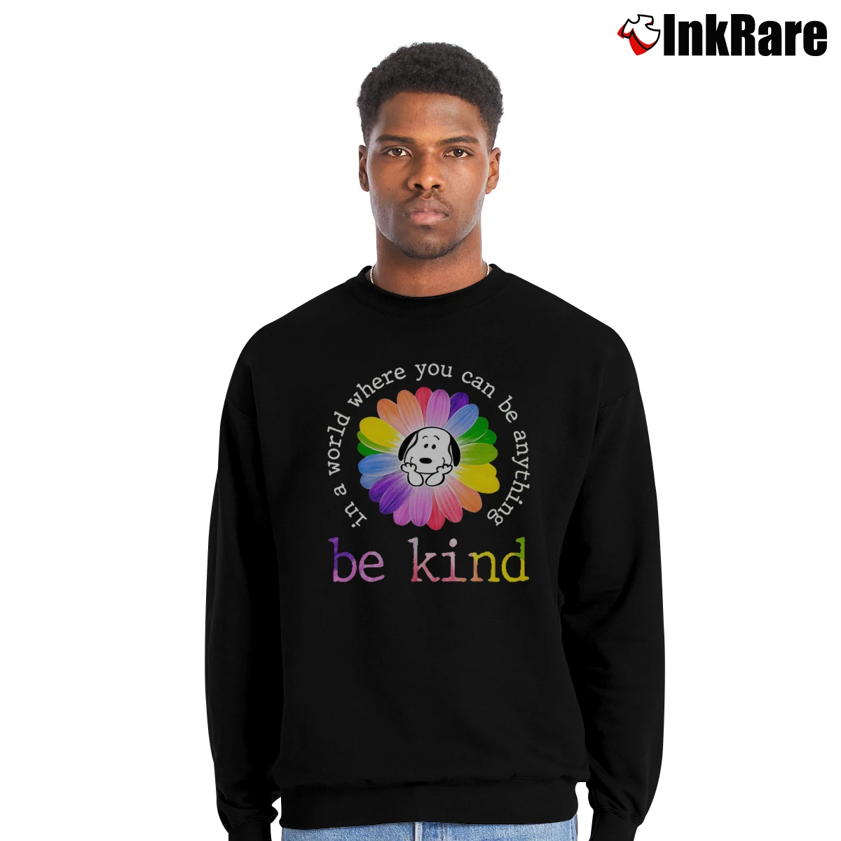Snoopy Daisy In A World Where You Can Be Anything Be Kind Men’s Crewneck Sweatshirt in black – Soft & Durable Men’s Snoopy Daisy In A World Where You Can Be Anything Be Kind Crewneck Sweatshirt in black | Cozy Fabric, Clean Style