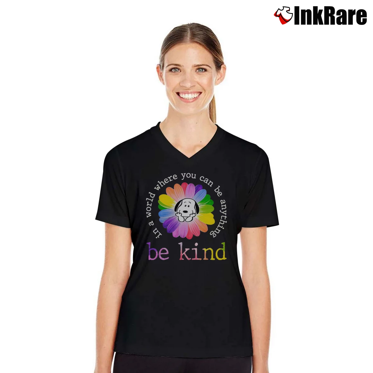 Snoopy Daisy In A World Where You Can Be Anything Be Kind Women’s V-Neck Tee in black – Flattering Fit Women’s Snoopy Daisy In A World Where You Can Be Anything Be Kind V-Neck Tee in black | Chic Neckline, Soft Texture