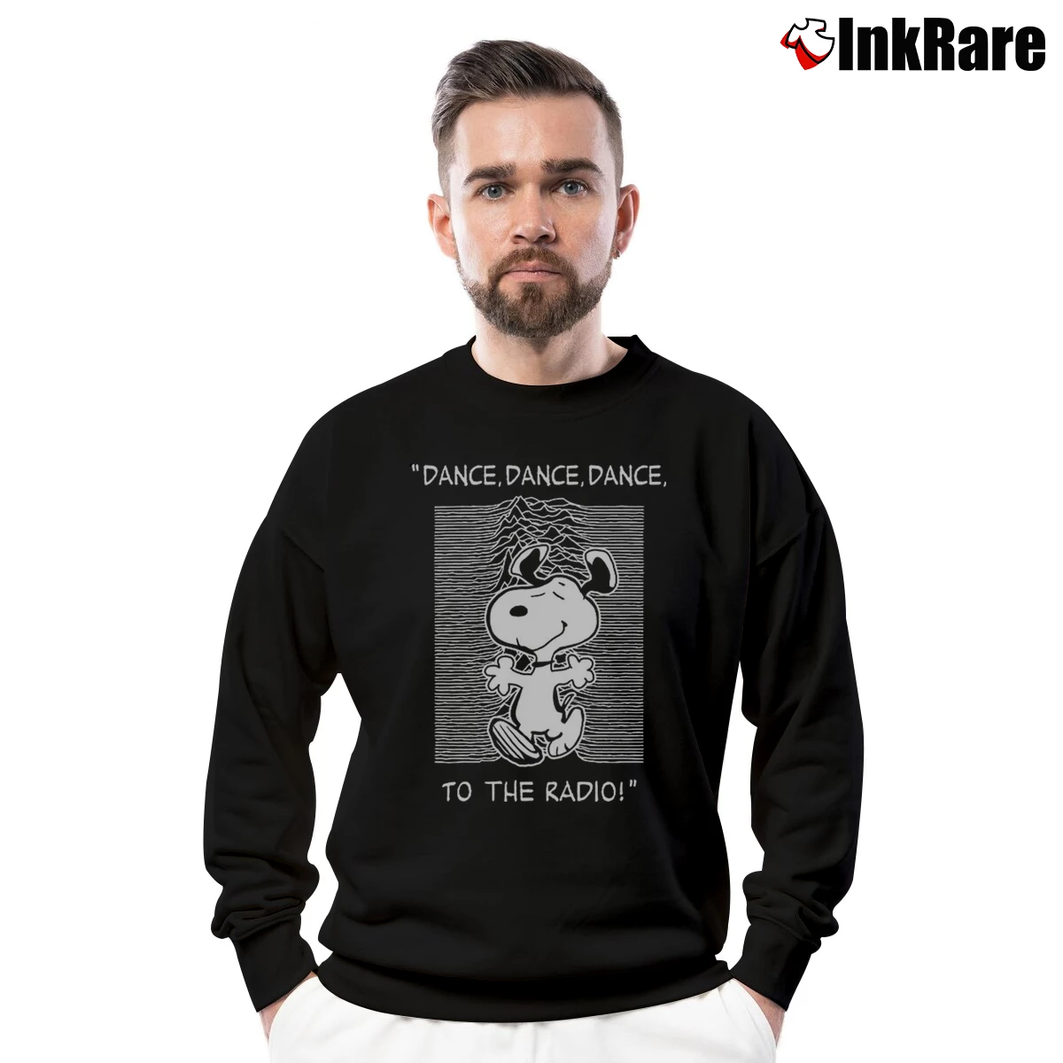 Men’s Snoopy Dance Dance Dance To The Radio Crewneck Sweatshirt in black | Cozy Fabric, Clean Style