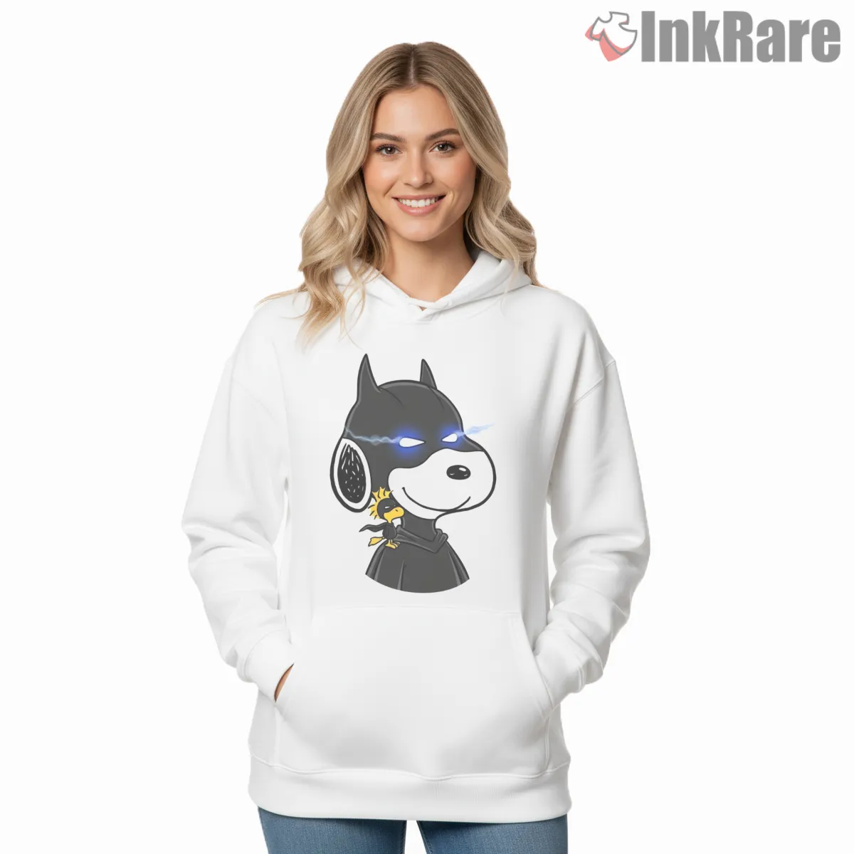 Snoopy Dark Knight Superhero Parody Hoodie White Snoopy Dark Knight Superhero Parody Shirt on white hoodie for women graphic tee