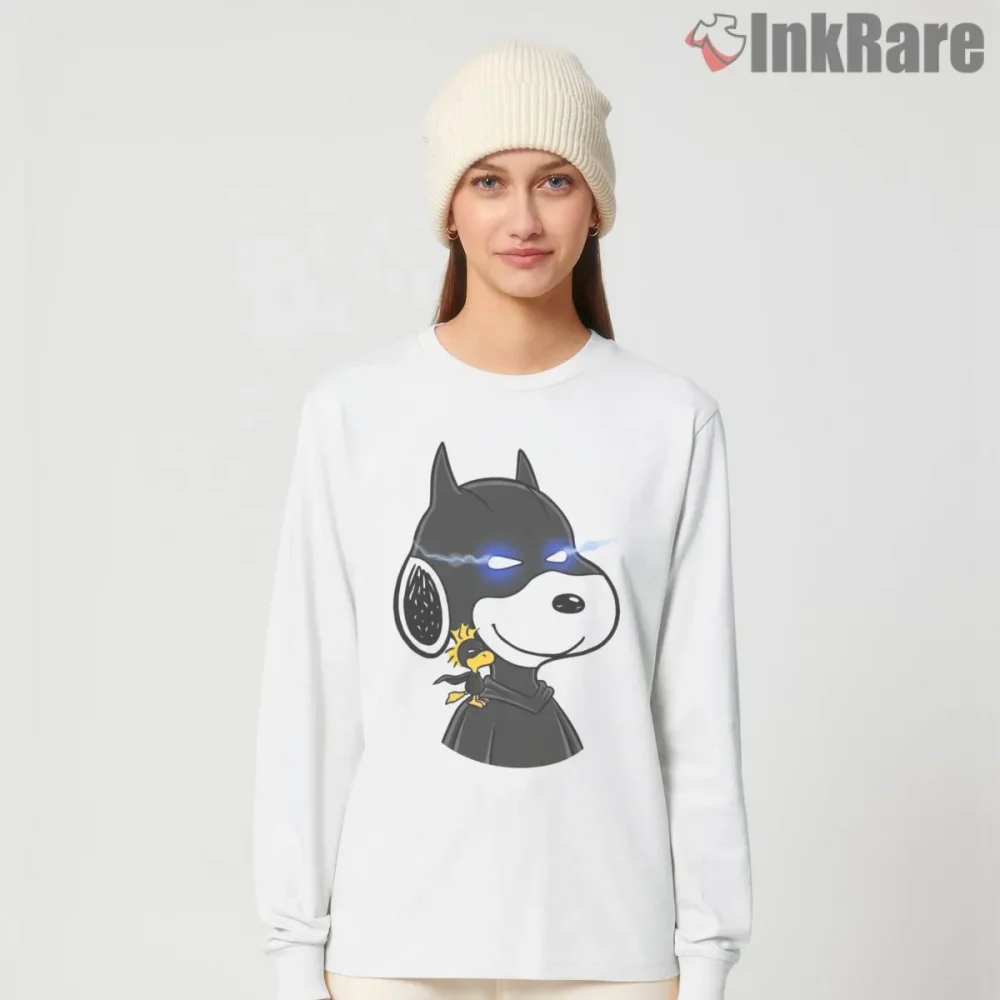 Snoopy Dark Knight Superhero Parody Shirt on white long sleeve shirt for women graphic tee