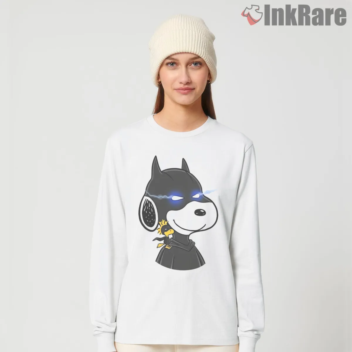 Snoopy Dark Knight Superhero Parody Long Sleeve White Snoopy Dark Knight Superhero Parody Shirt on white long sleeve shirt for women graphic tee