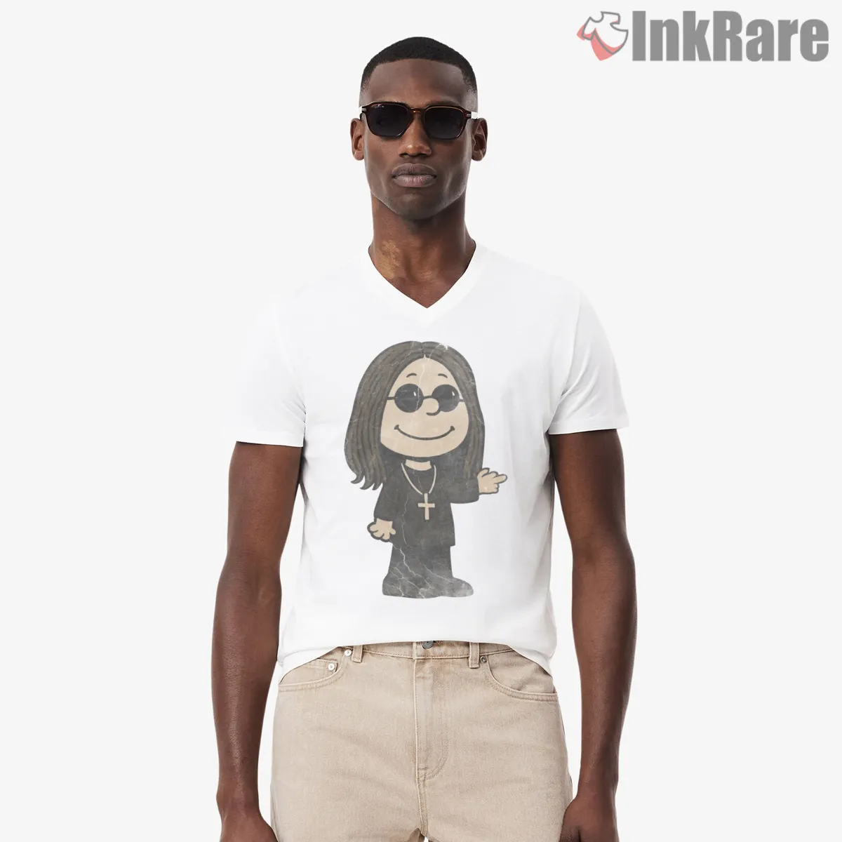 Snoopy Dark Rock Legend Parody V Neck White Snoopy Dark Rock Legend Parody Shirt on white v-neck shirt for men graphic tee