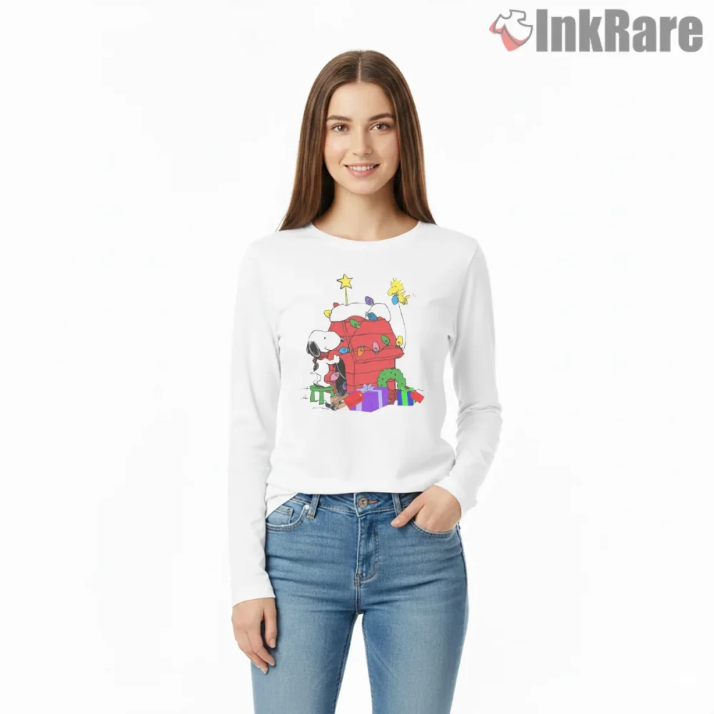 Snoopy Decorating The Christmas House Shirt on white long sleeve shirt for women graphic tee