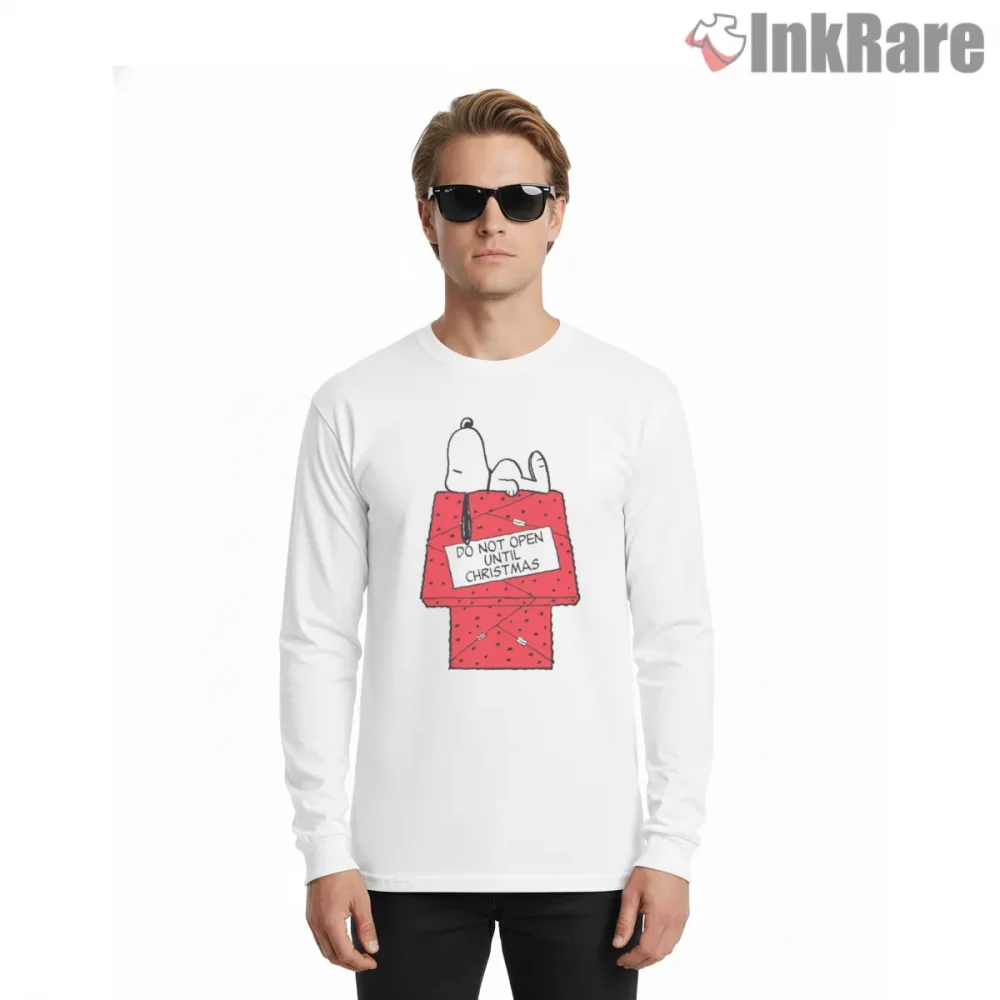 Snoopy Do Not Open Until Christmas Gift Shirt on white long sleeve shirt for men graphic tee