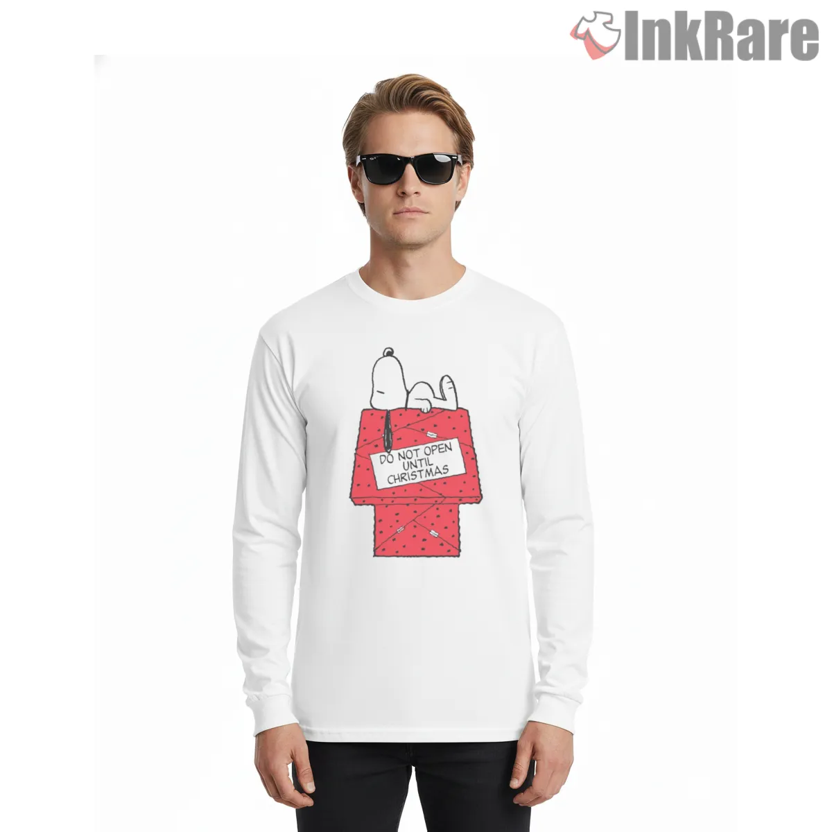 Snoopy Do Not Open Until Christmas Gift Long Sleeve White Snoopy Do Not Open Until Christmas Gift Shirt on white long sleeve shirt for men graphic tee