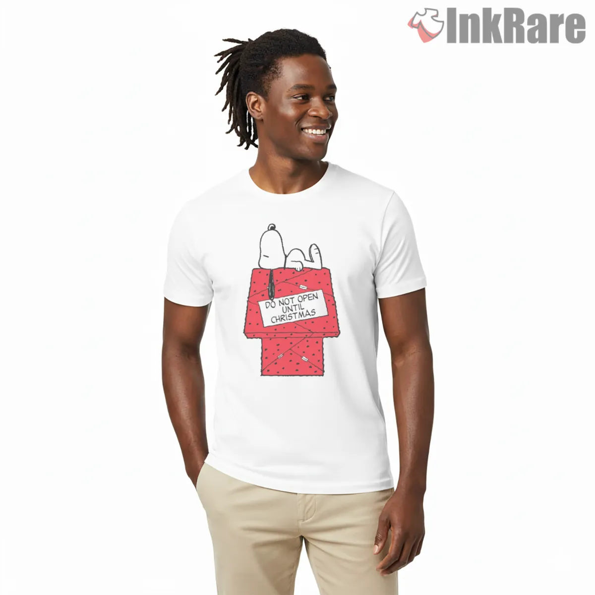 Snoopy Do Not Open Until Christmas Gift Short Sleeve White Snoopy Do Not Open Until Christmas Gift Shirt on white short sleeve shirt for men graphic tee