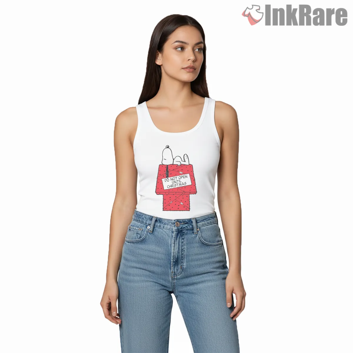 Snoopy Do Not Open Until Christmas Gift Tank Top White Snoopy Do Not Open Until Christmas Gift Shirt on white tank top for women graphic tee