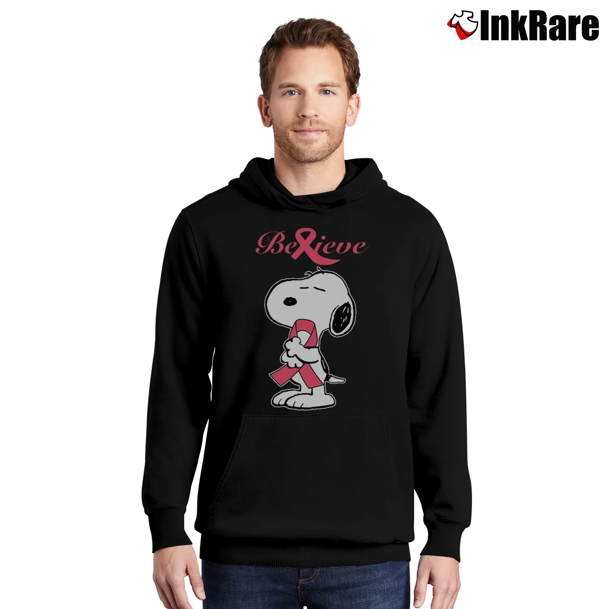 Men’s Snoopy Dog Believe Breast Cancer Awareness Pullover Hoodie in black | Cozy, Durable, Modern Fit