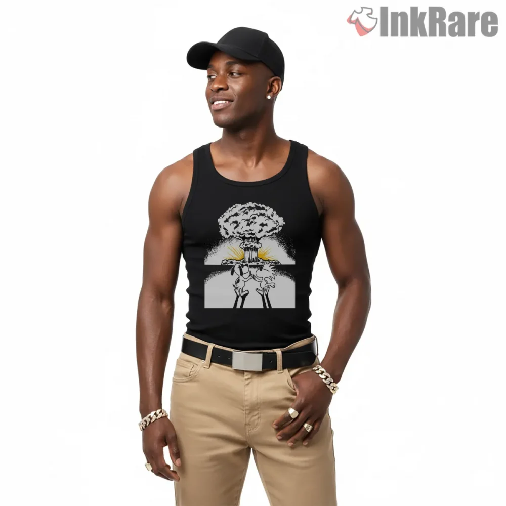Snoopy Doomsday Comic Explosion Parody Shirt on black tank top for men graphic tee