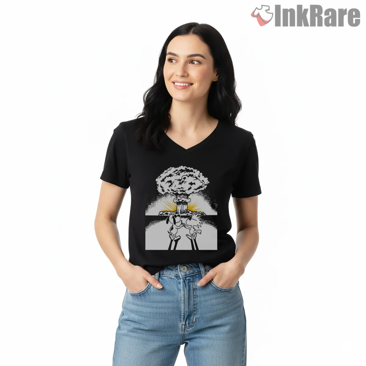 Snoopy Doomsday Comic Explosion Parody V Neck Black Snoopy Doomsday Comic Explosion Parody Shirt on black v-neck shirt for women graphic tee