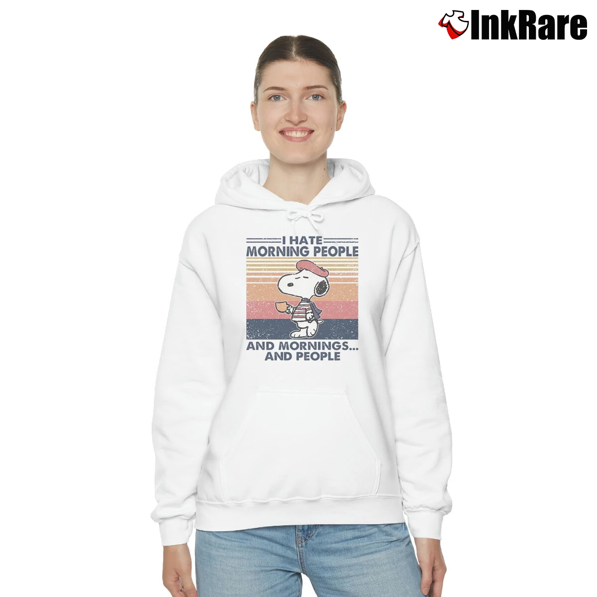 Women’s Snoopy Drinking Coffee I Hate Morning People Cozy Hoodie in white | Warm, Structured, Stylish