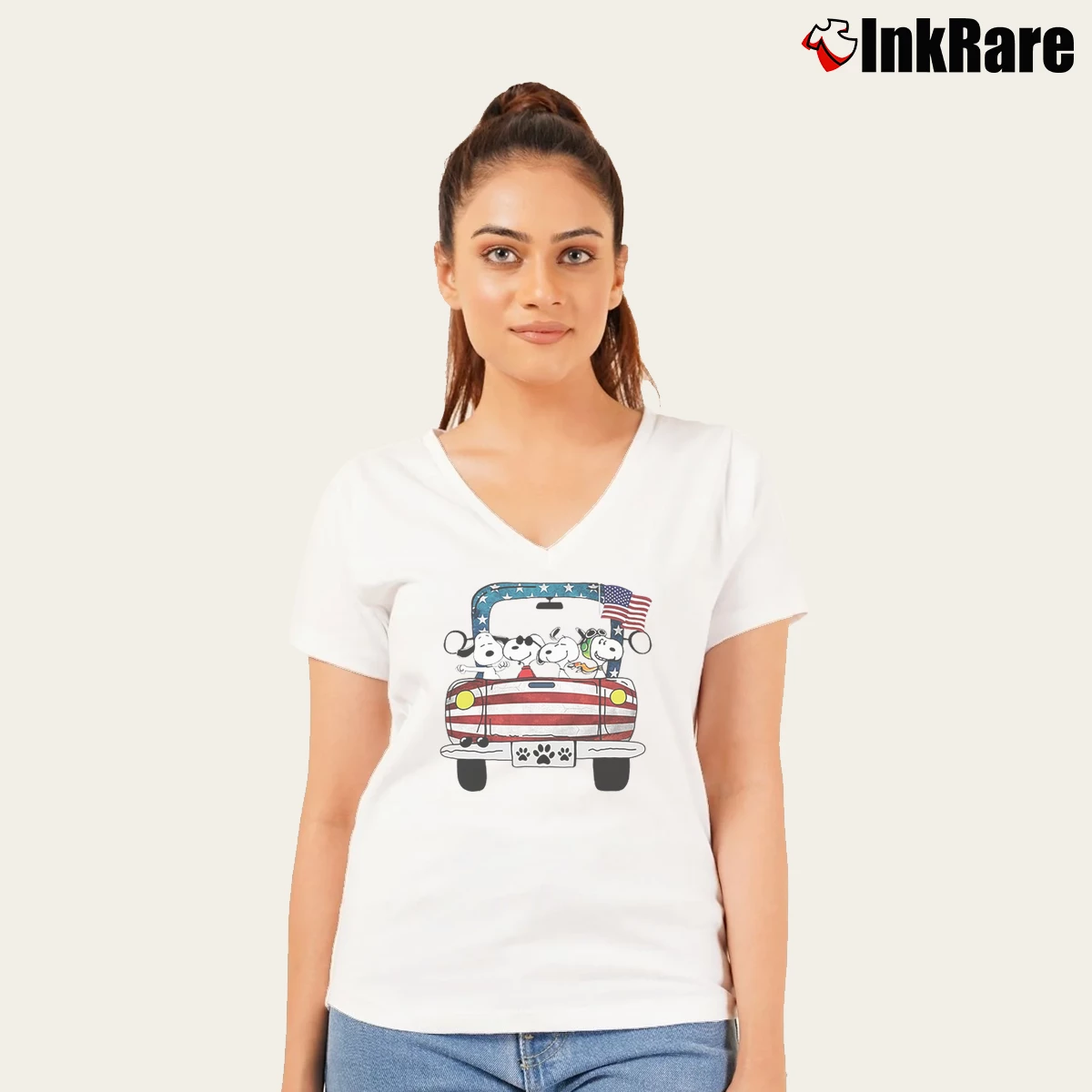 Women’s Snoopy Driving Jeep American Flag V-Neck Tee in white | Chic Neckline, Soft Texture