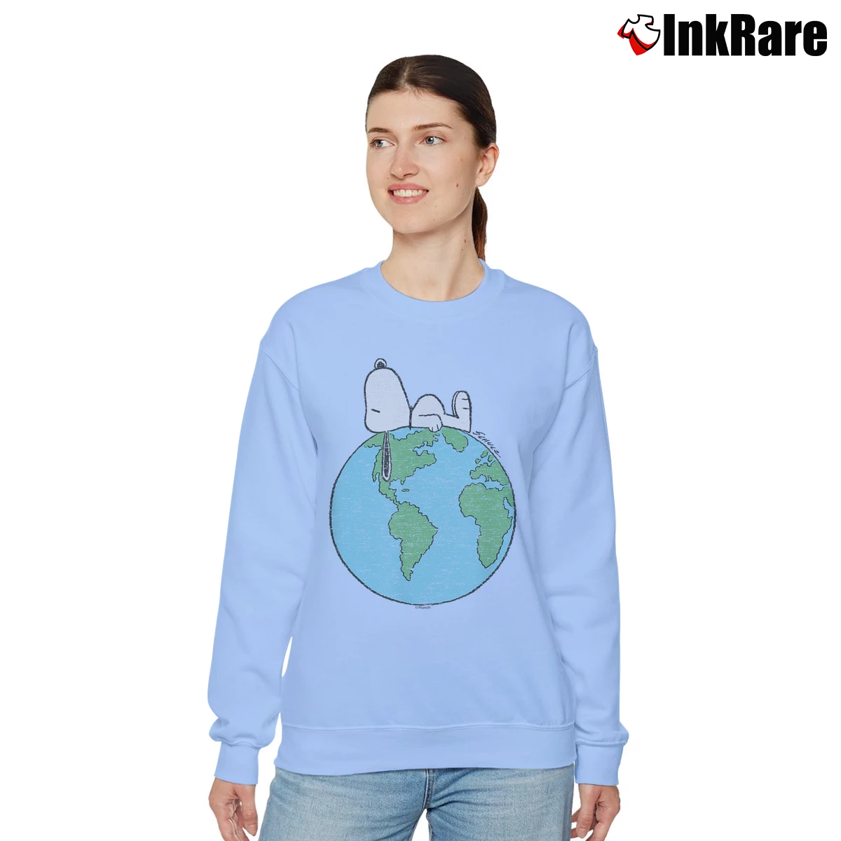 snoopy earth day laying on top of the world Women’s Relaxed Sweatshirt in light blue – Cozy Casual Women’s snoopy earth day laying on top of the world Relaxed Sweatshirt in light blue | Soft, Laid-Back Vibe