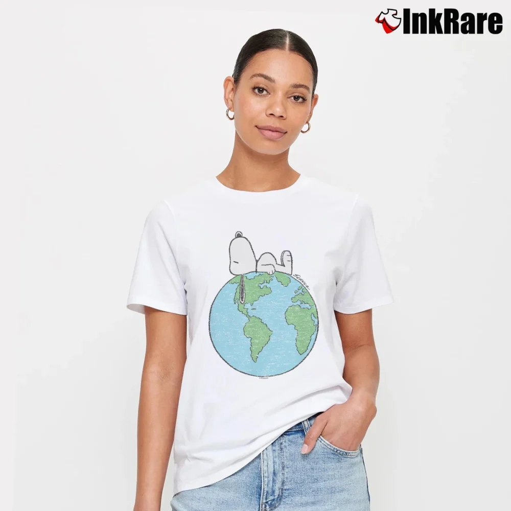 Women’s snoopy earth day laying on top of the world T-Shirt in white | Soft, Flattering Fit