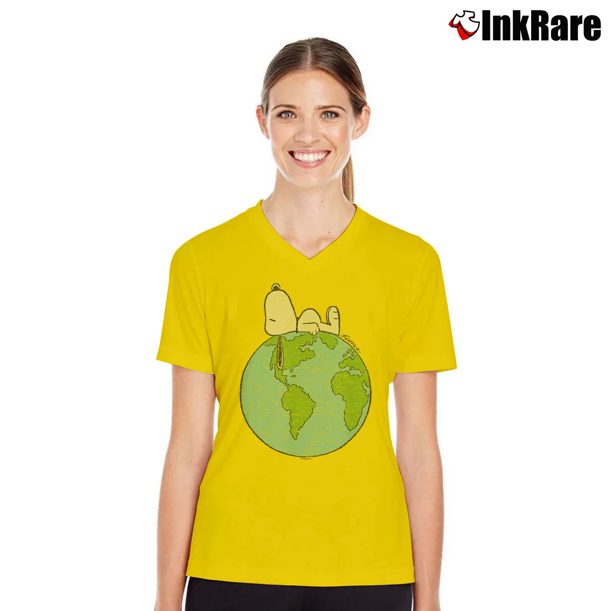 snoopy earth day laying on top of the world Women’s V-Neck Tee in yellow – Flattering Fit Women’s snoopy earth day laying on top of the world V-Neck Tee in yellow | Chic Neckline, Soft Texture