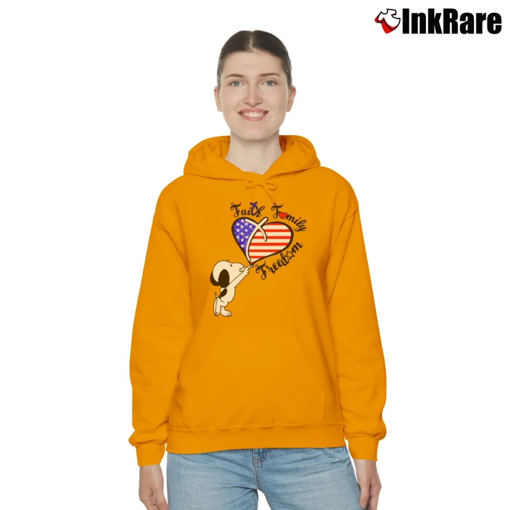 Women’s Snoopy Faith Family Freedom 4th Of July Cozy Hoodie in orange | Warm, Structured, Stylish