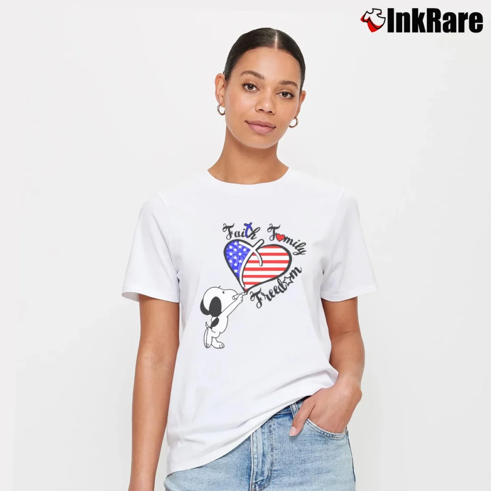 Women’s Snoopy Faith Family Freedom 4th Of July Signature T-Shirt in white | Soft, Flattering Fit