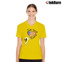 Women’s Snoopy Faith Family Freedom 4th Of July V-Neck Tee in yellow | Chic Neckline, Soft Texture