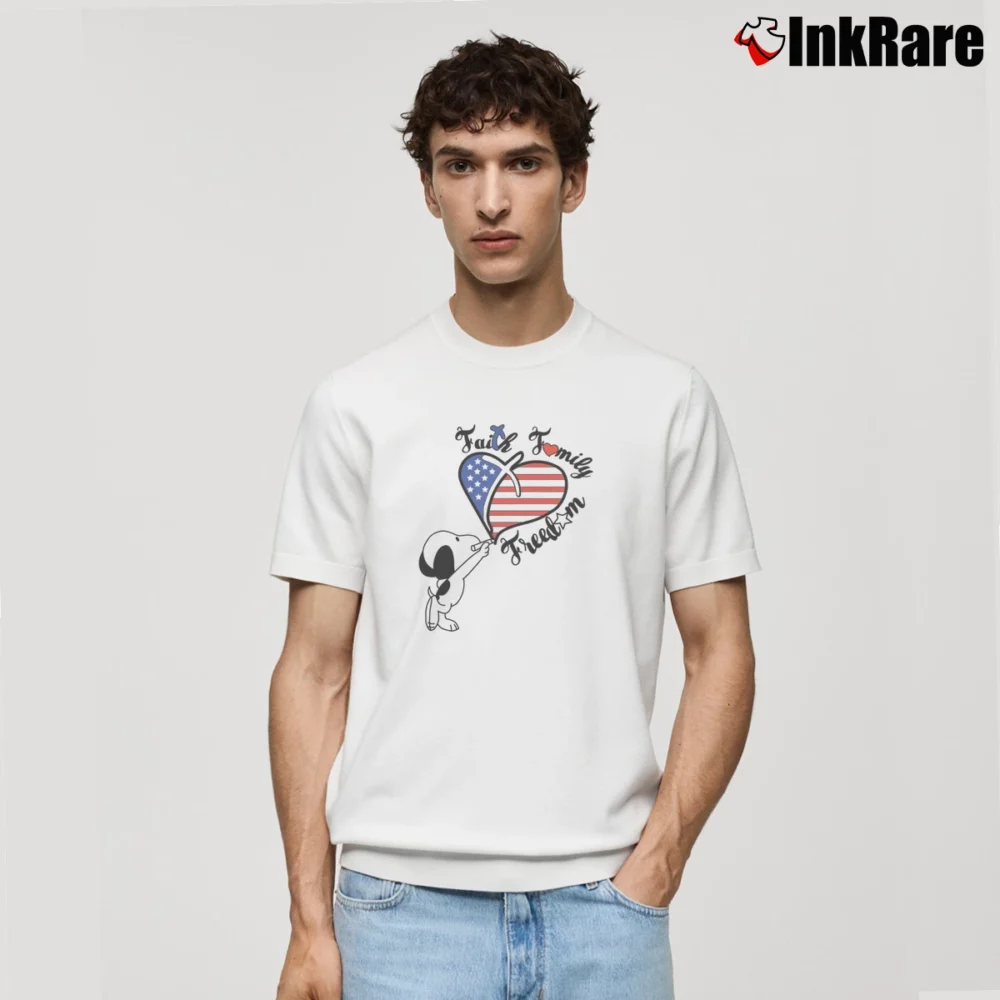 Men’s Snoopy Faith Family Freedom Heart American Flag Classic T-Shirt in white | Soft, Breathable Everyday Wear