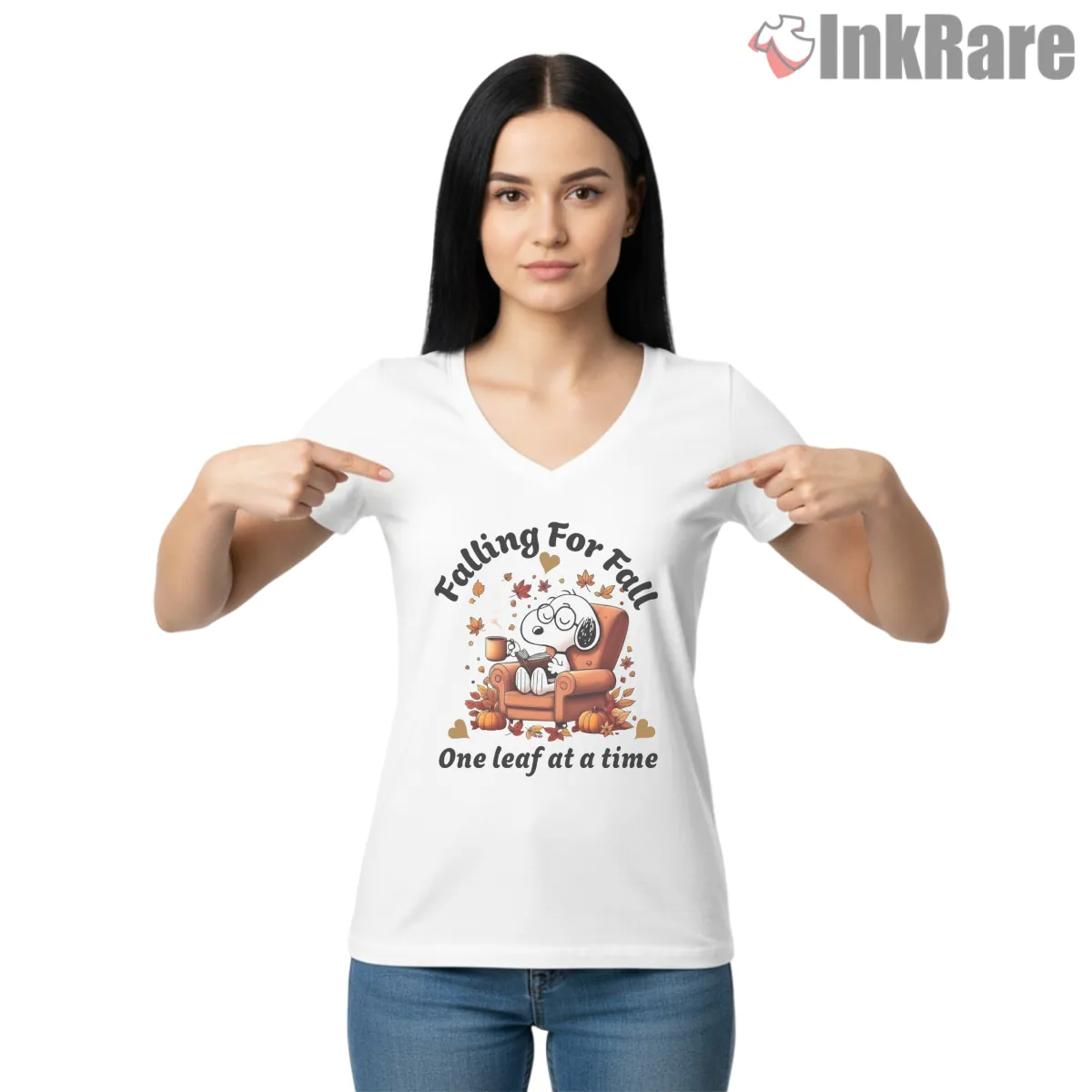Snoopy Falling For Fall Cozy Autumn Shirt on white v-neck shirt for women graphic tee