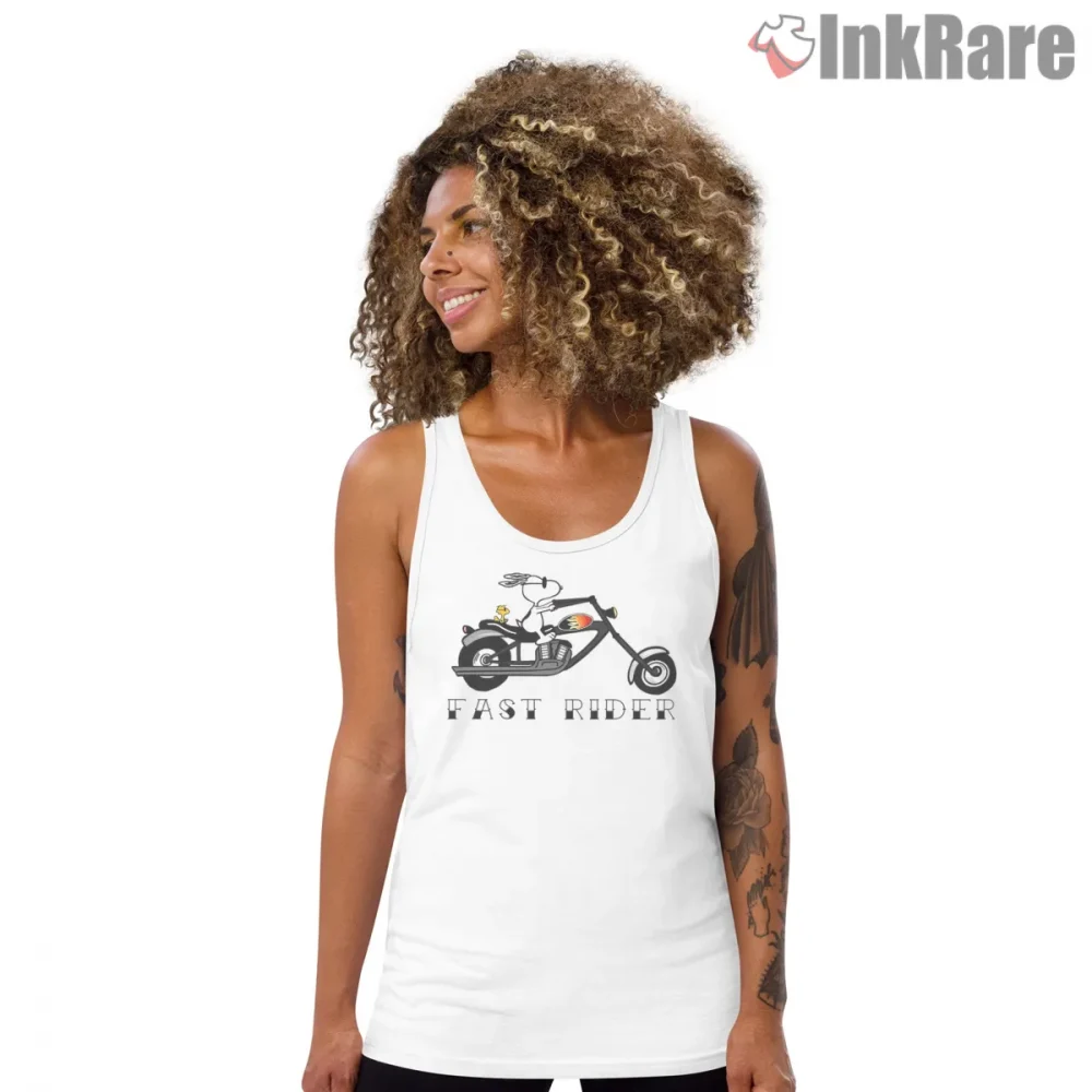Snoopy Fast Rider Motorcycle Adventure Shirt on white tank top for women graphic tee