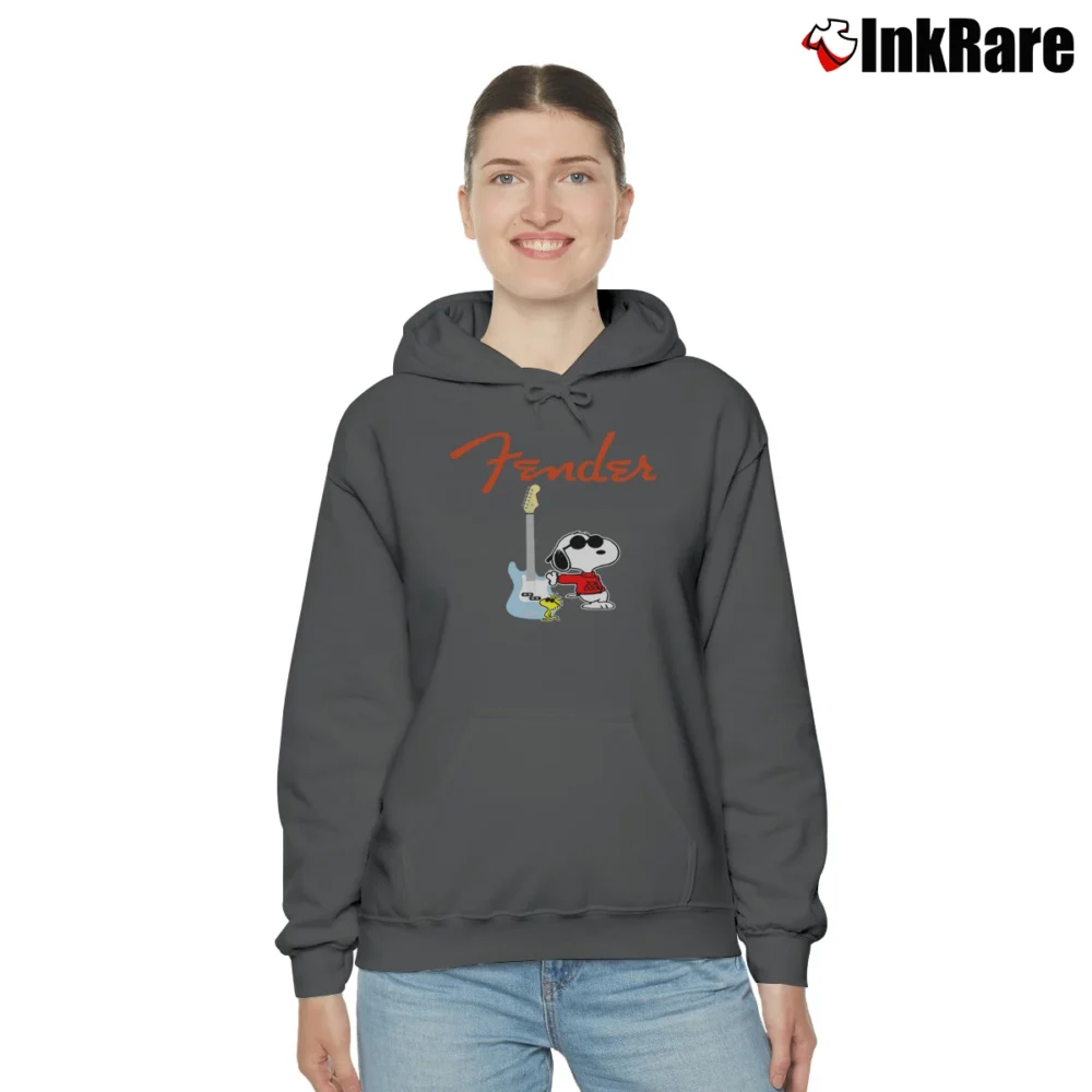 Women’s Snoopy Fender Guitar Player Cozy Hoodie in charcoal | Warm, Structured, Stylish