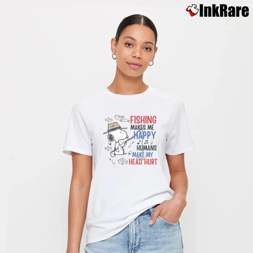 Women’s Snoopy Fishing Makes Me Happy Humans Make My Head Hurt T-Shirt in white | Soft, Flattering Fit