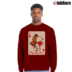 Men’s Snoopy Flying Ace Funny Card Crewneck Sweatshirt in maroon | Cozy Fabric, Clean Style