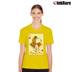 Women’s Snoopy Flying Ace Funny Card V-Neck Tee in yellow | Chic Neckline, Soft Texture