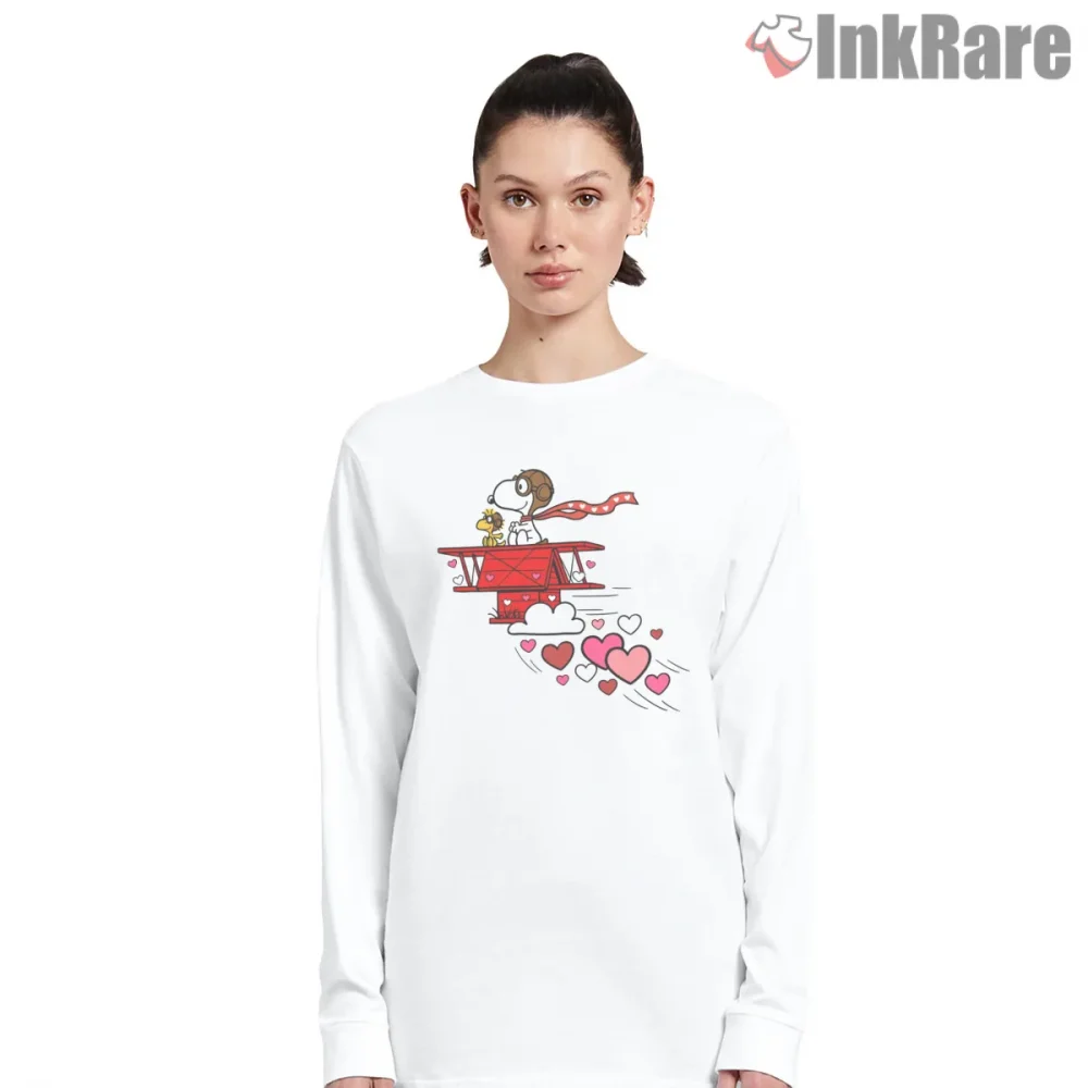 Snoopy Flying Ace Valentine Heart Sky Shirt on white long sleeve shirt for women graphic tee