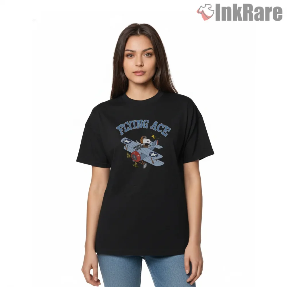 Snoopy Flying Ace Vintage Pilot Graphic Shirt on black short sleeve shirt for women graphic tee