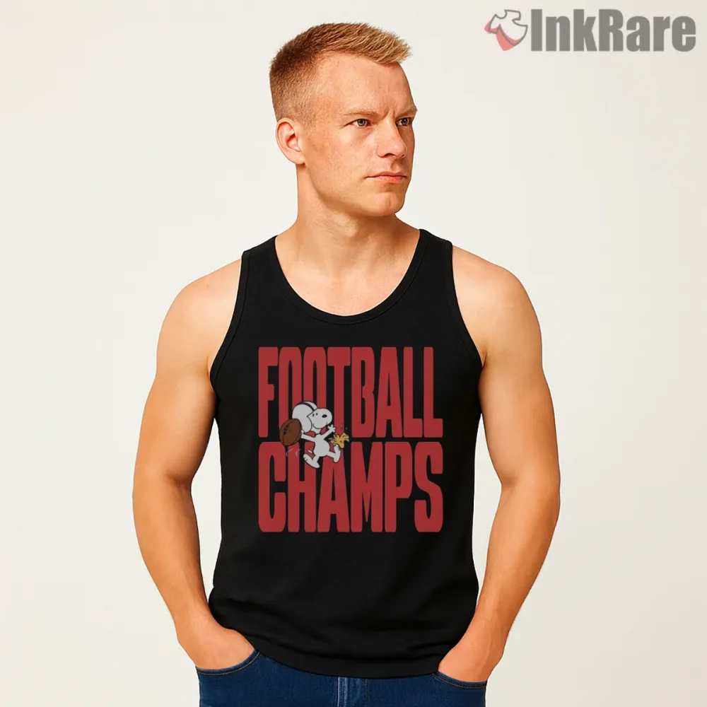 Snoopy Football Champs Sports Graphic Shirt on black tank top for men graphic tee