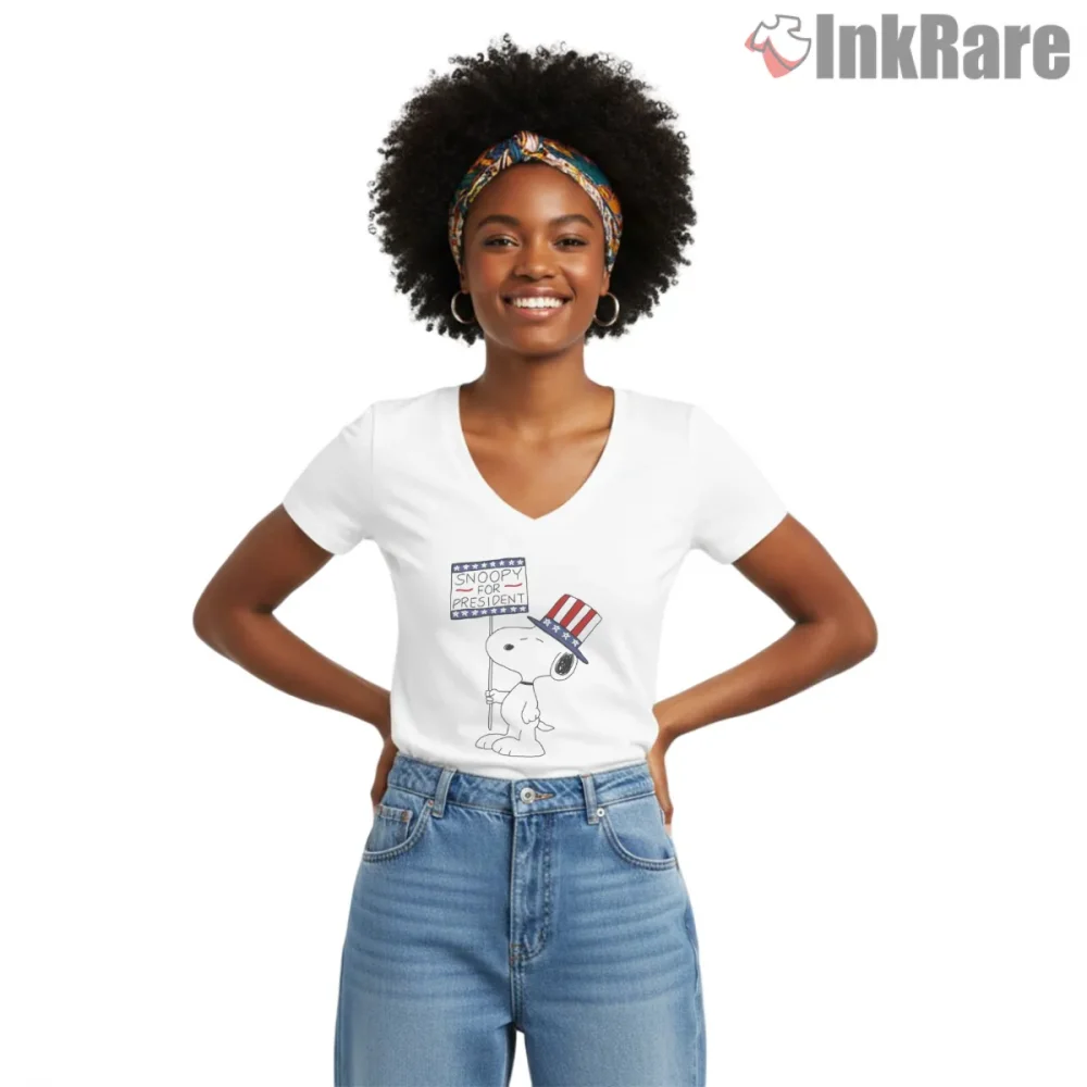 Snoopy For President Campaign Shirt on white v-neck shirt for women graphic tee